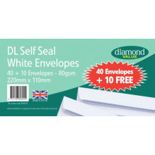 Diamond Value DL White Envelopes Self Seal 80gsm 40+10 Free