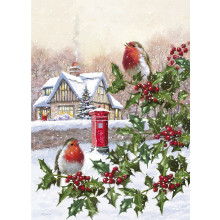 Open Robins 40 Christmas Cards  - Cards are printed with Christmas Greetings in Gold Foil