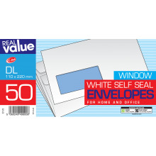 Real Value Envelopes Self Seal White Window DL 50's 110mm x 220mm 