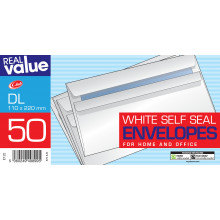 Real Value Envelopes Self Seal White DL 50's 110mm x 220mm 