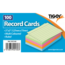 Coloured Ruled Record Cards 5"x3" 100s