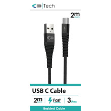 C3 Tech USB C Braided Cable Black 2M