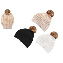 Knitted Beanie Hat With Fur 3 Asst