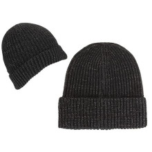 Womens Rib Knit Black Lurex Beanie Hat