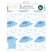 Gift Wrap Packets Baby Brolly Blue 2 Sheets & 2 Tags