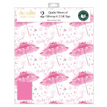 Gift Wrap Packets Baby Brolly Pink 2 Sheets & 2 Tags