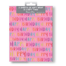 Flat Wrap & Tags Pink Birthday Text